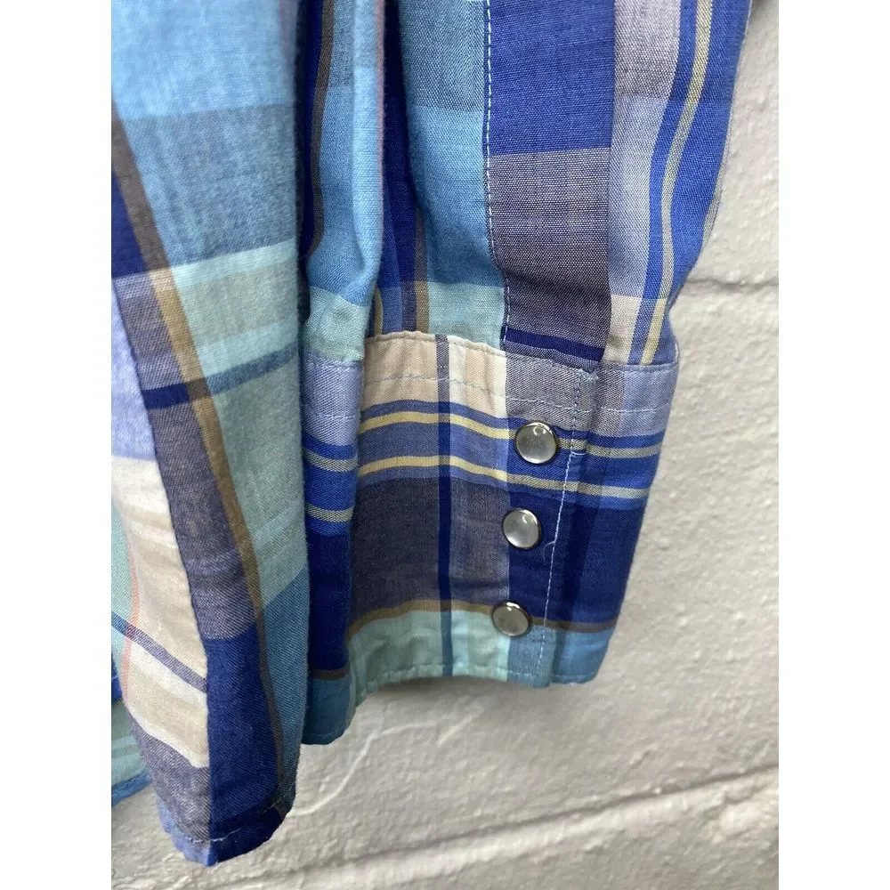 Vtg Wrangler Mens‎ Large Western Shirt Blue Teal Plaid Pearl Snap Buttons